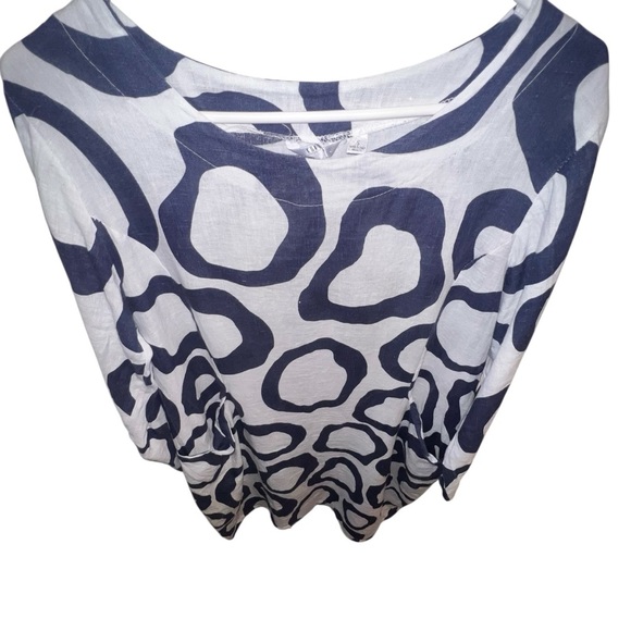 EUC Kaktus 100% Italian Linen White Navy Abstract Dress Small Oversized Pockets - Picture 2 of 6